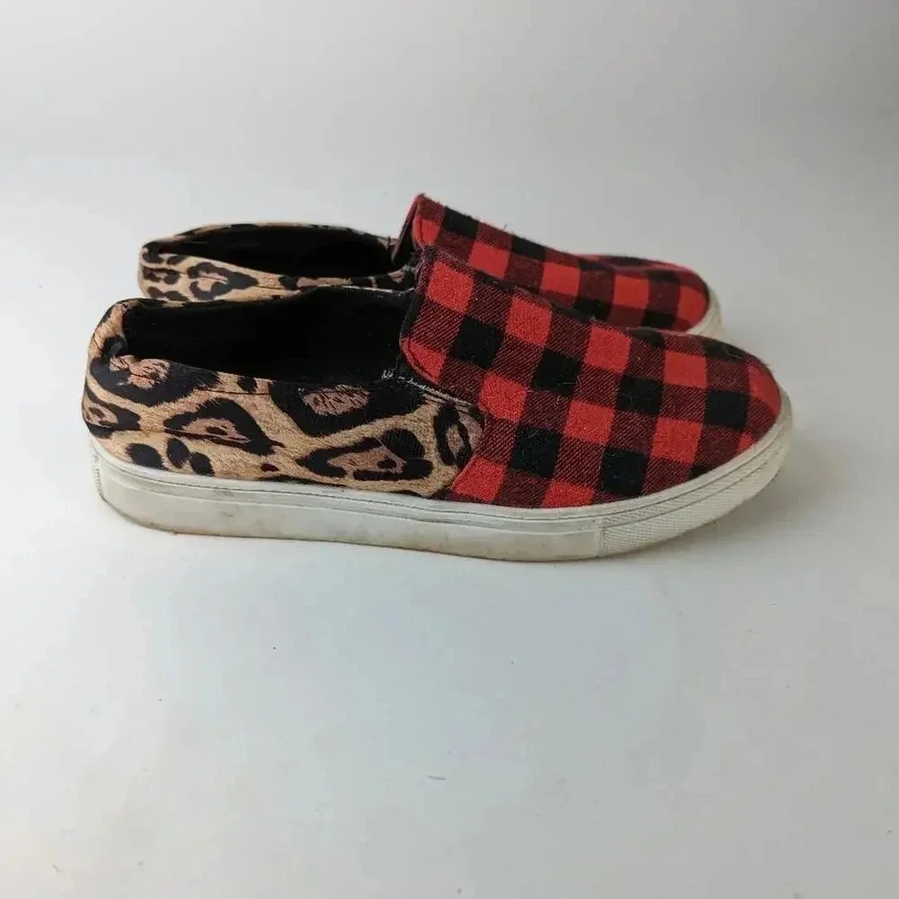 Plaid Leopard Slip Ons - 9
